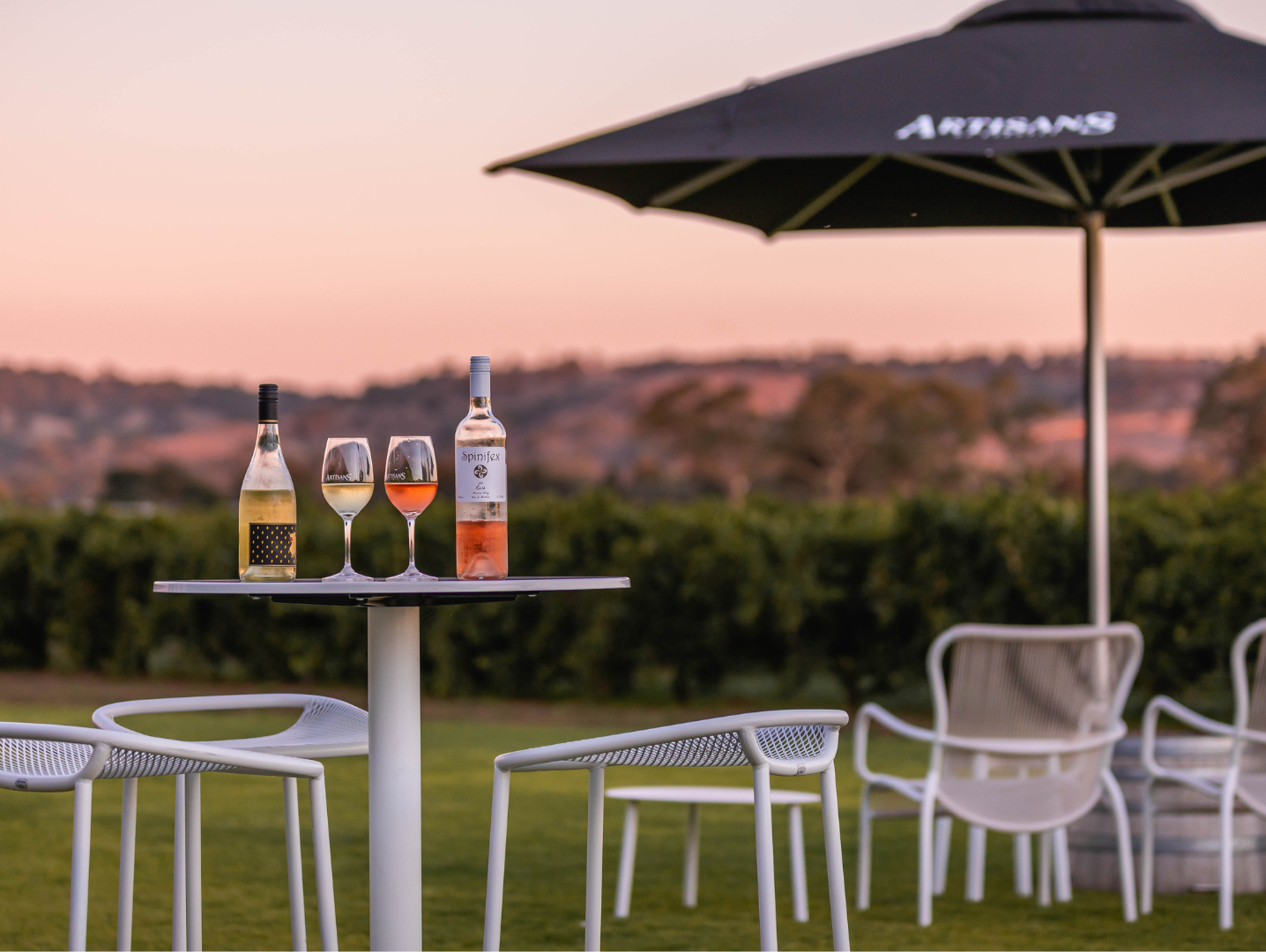 Sunset wine tasting setup on the lawn at Artisans of Barossa with vineyard views.