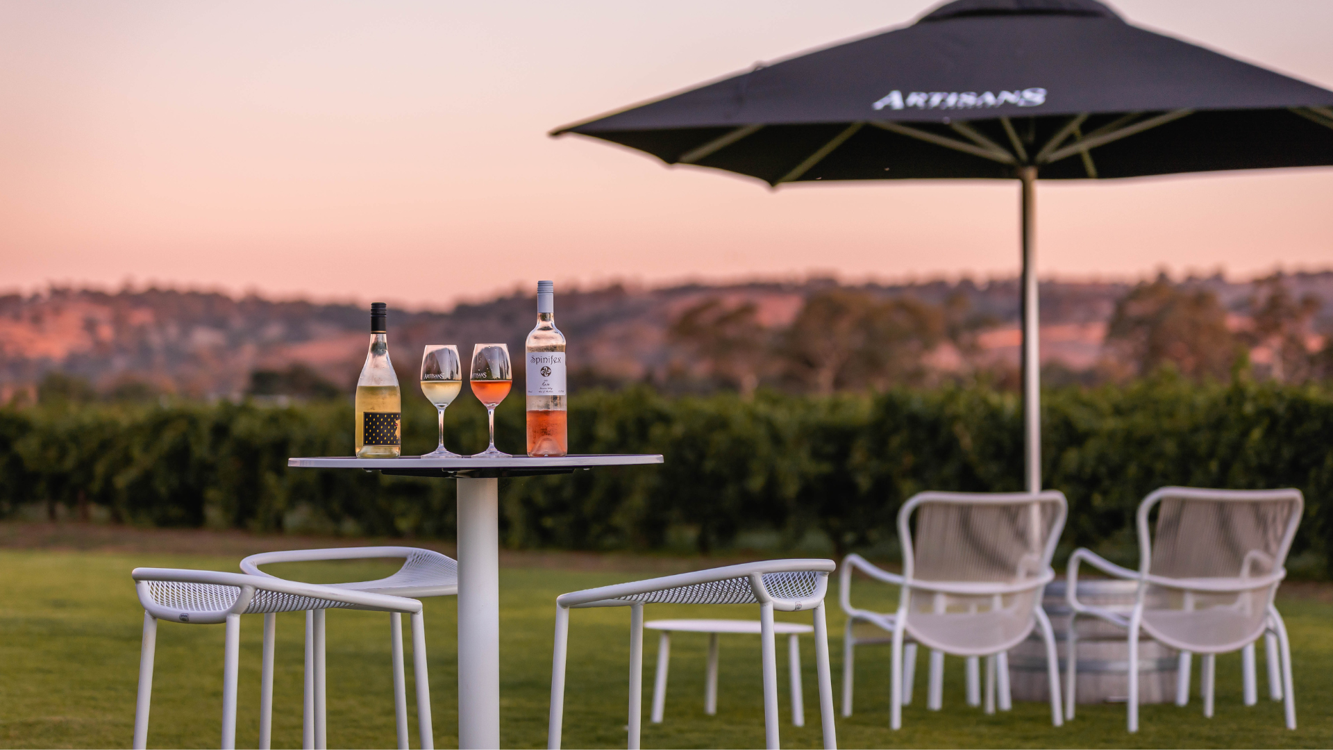 Sunset wine tasting setup on the lawn at Artisans of Barossa with vineyard views.